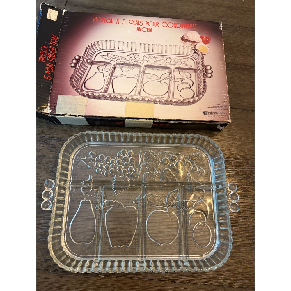 Indiana Glass Relish Tray Unisex OS Clear Vintage 5 Part Fruit Embossed 3678